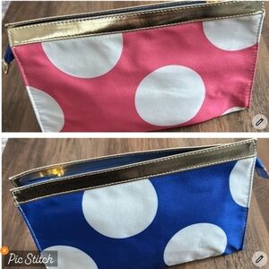 Elizabeth Arden Gold and Pink / Blue Polka Dot Cosmetic Bag
